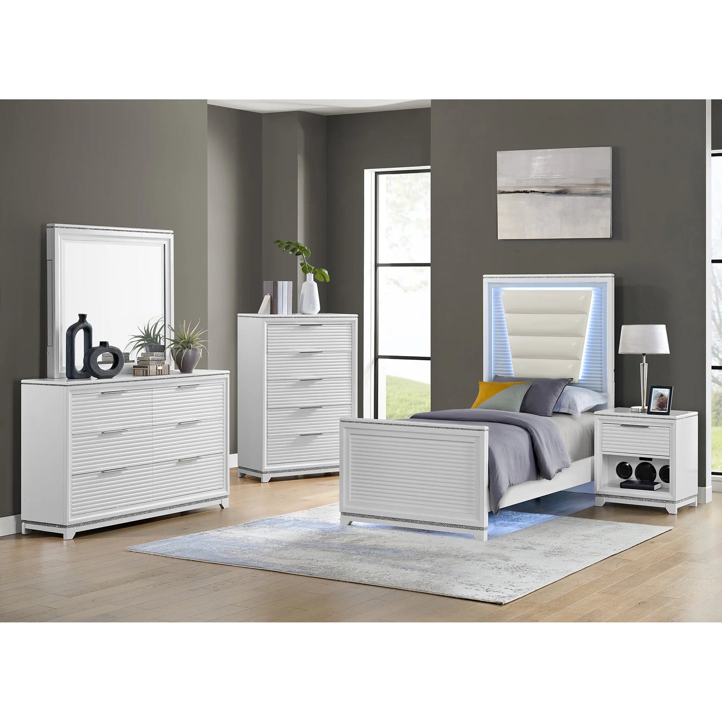 Denmark - Twin Upholstered Bed With LED - White