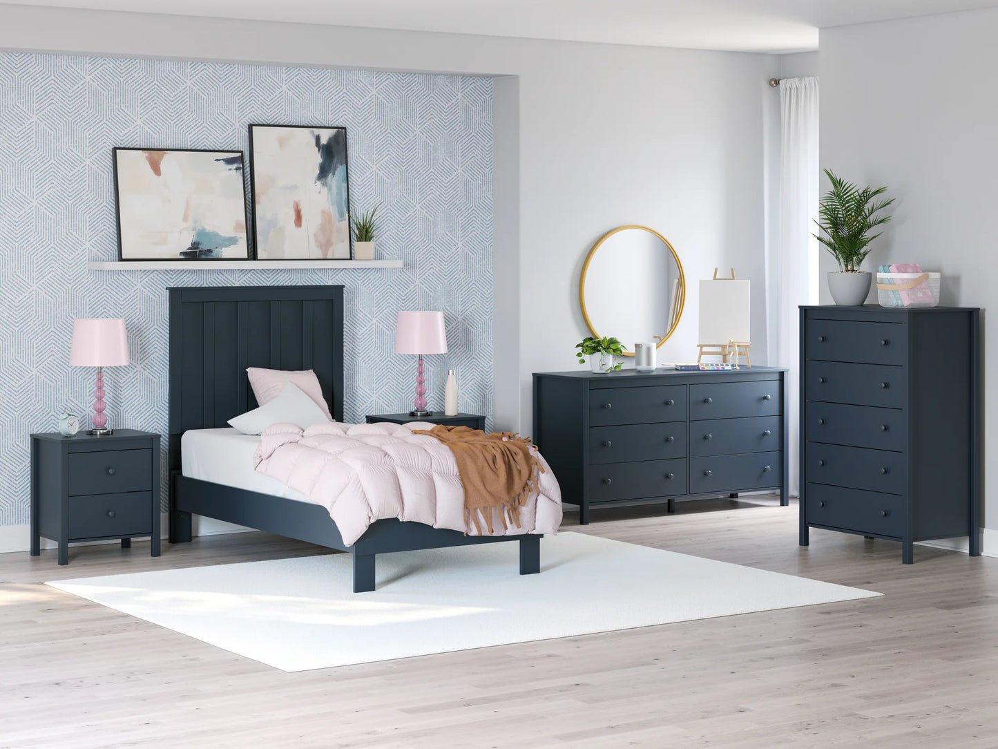 Simmenfort - Navy Blue - Twin Platform Bed With Panel Headboard