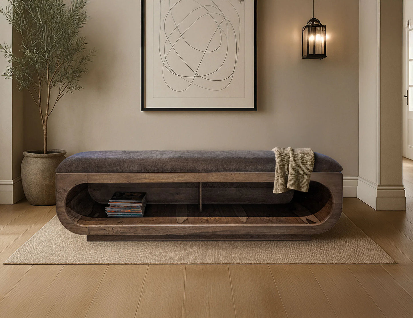 Balam - Wooden Bench With A Cushioned Seat - Almond / Barrel Brown