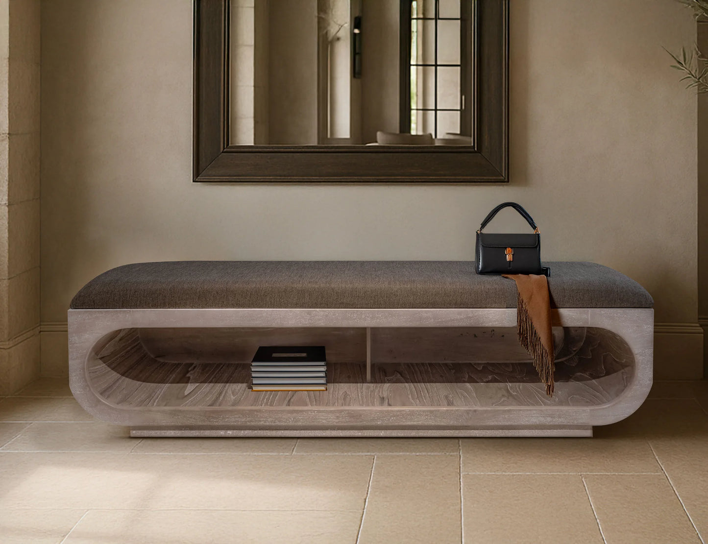 White Balam - Wooden Bench With Cushioned Seat - Ivory White