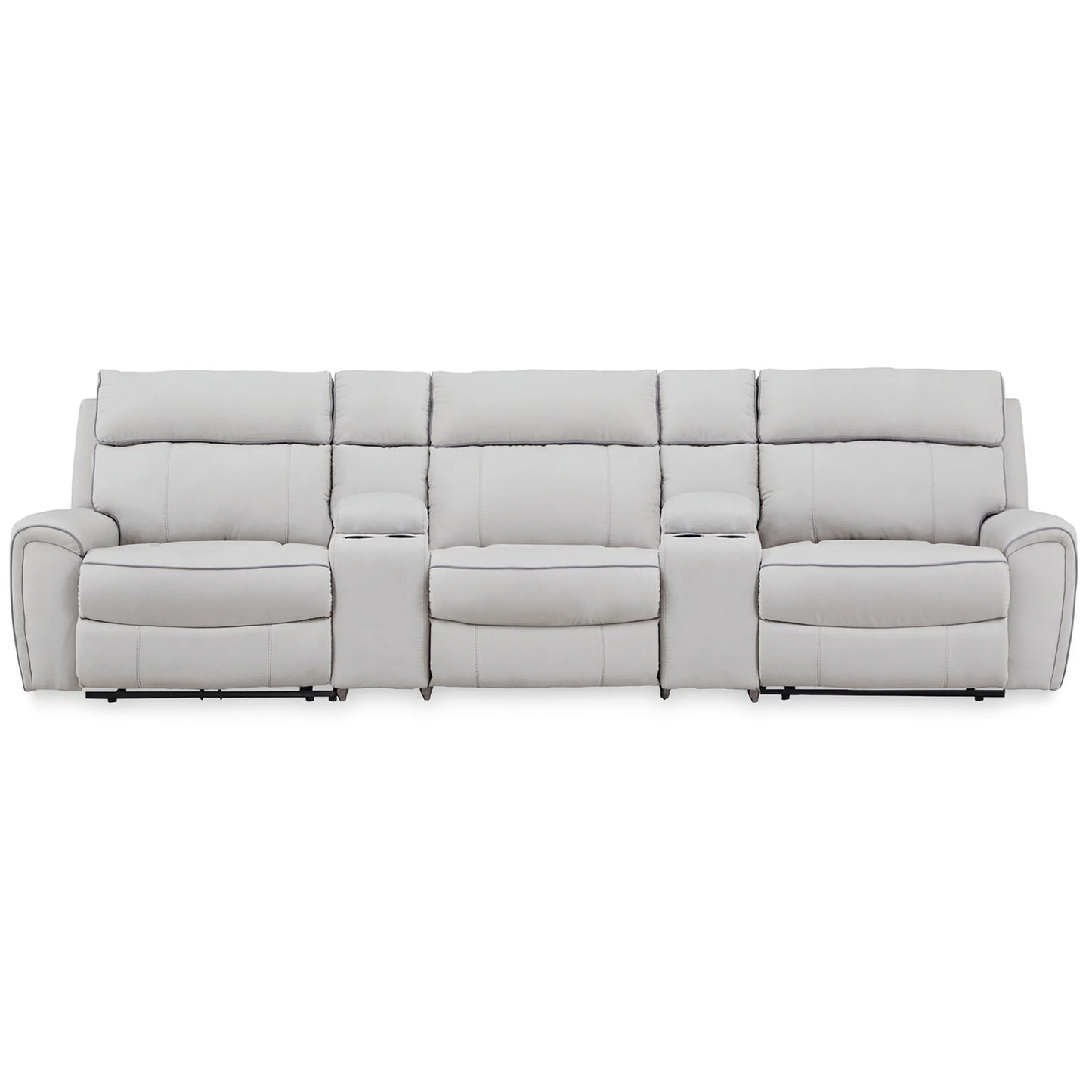 Social Pointe - 5-Piece Power Reclining Sectional With Storage Consoles And Armless Chair - Pearl / Ash