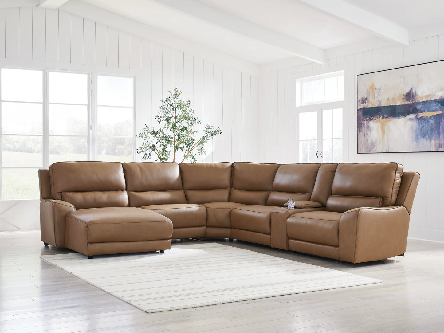 DeepWakes - 6-Piece Power Reclining Sectional With LAF Press Back Power Chaise - Caramel