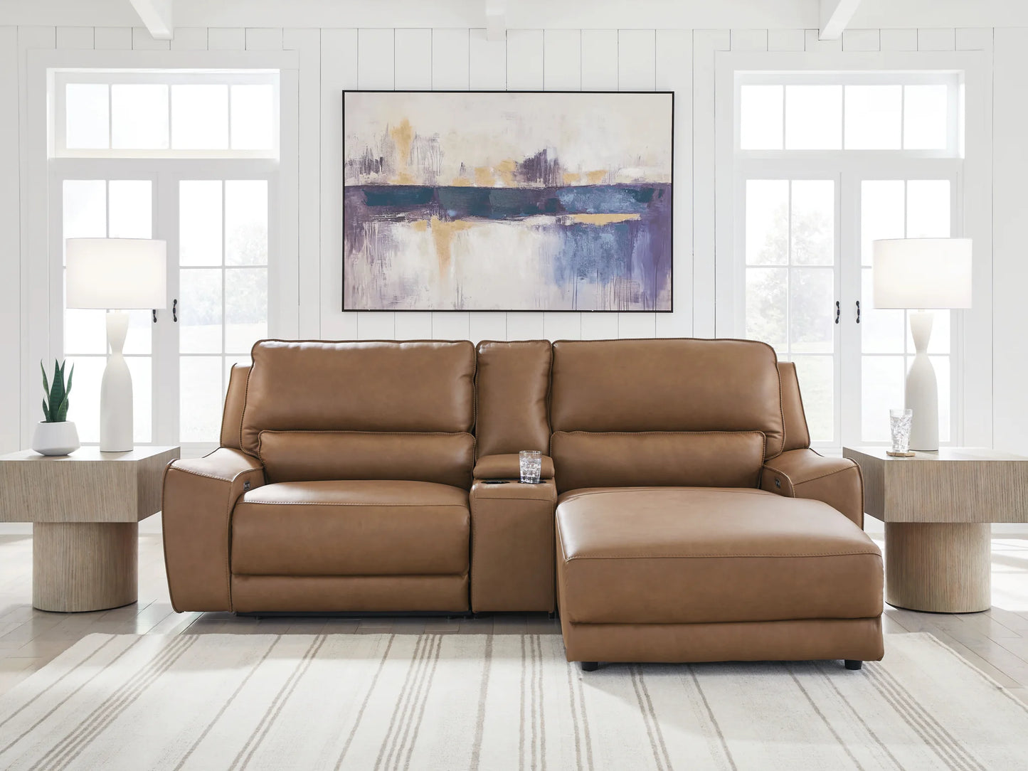 DeepWakes - 3-Piece Power Reclining Sectional With RAF Press Back Power Chaise - Caramel