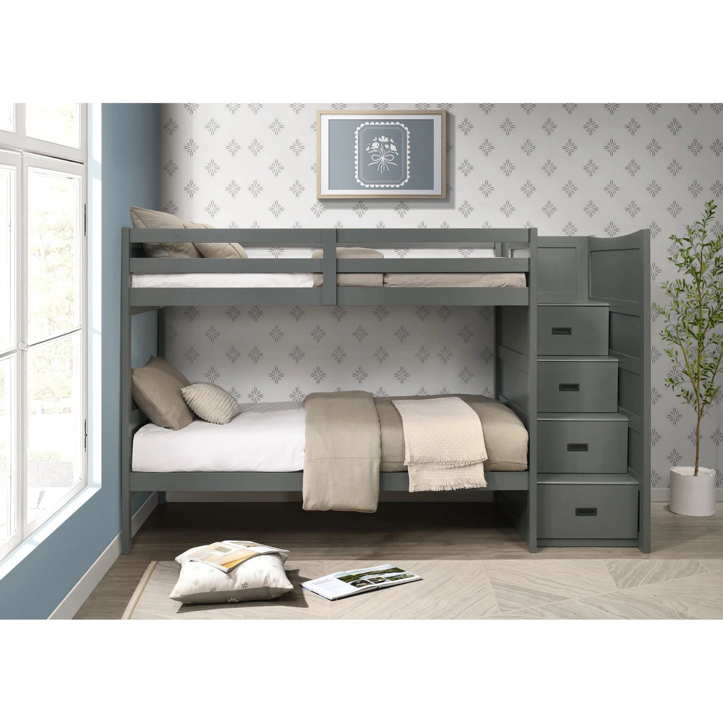 Sami - Twin Over Twin Step Bunk With Right Headboard - Gray