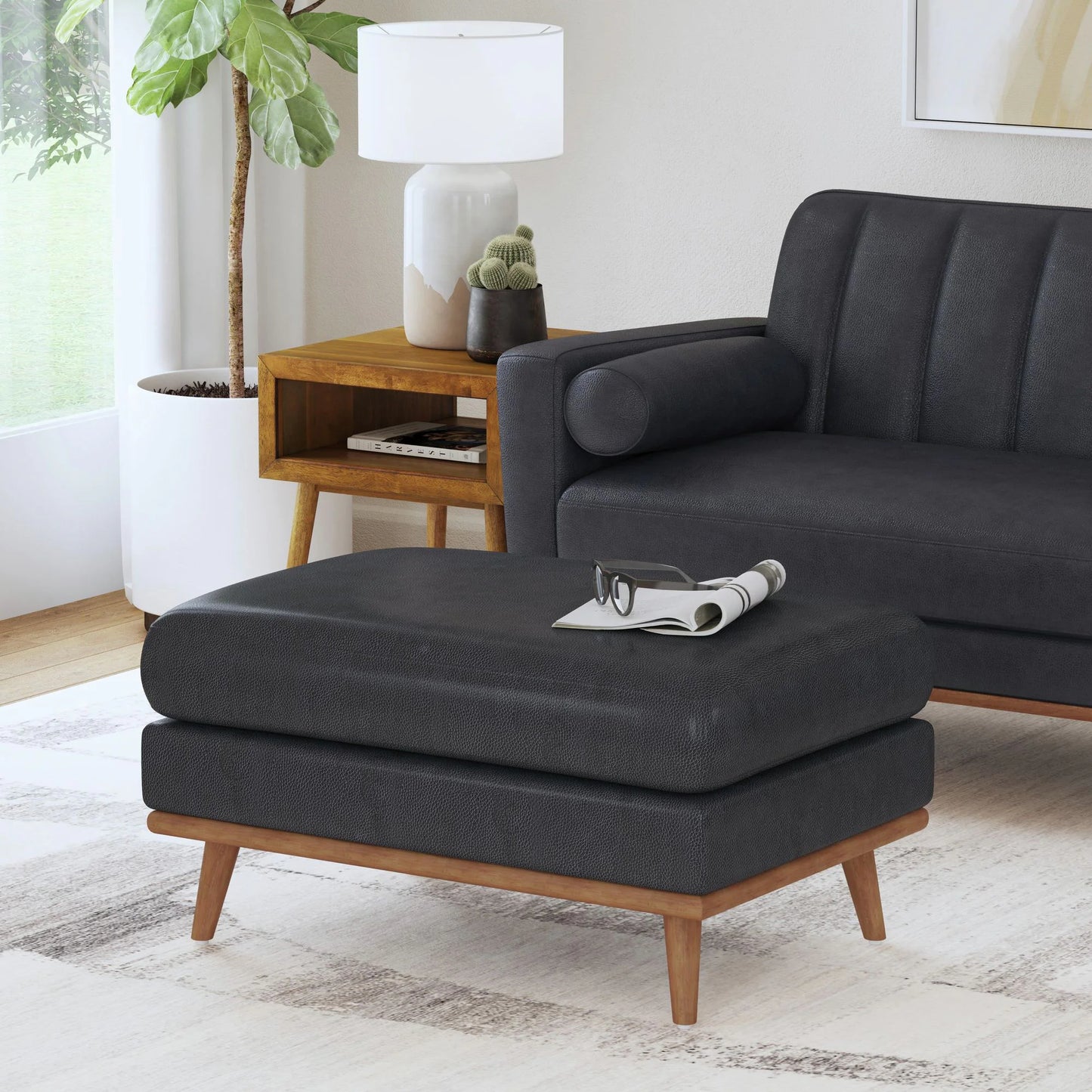 Horizon - Ottoman With Wood Base - Pebble Navy