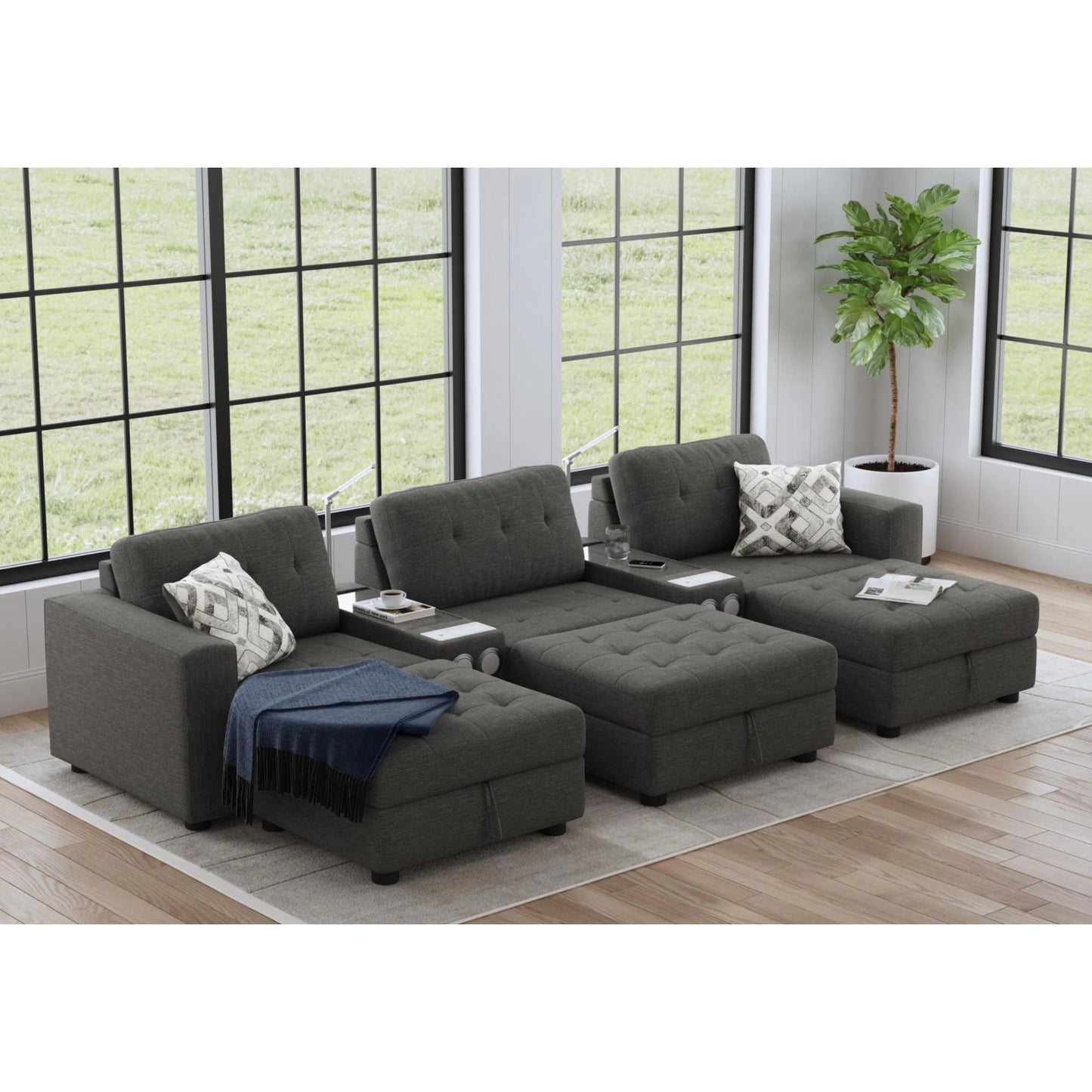 Options One - 8 Piece Living Room Set Sectional With Media Console And 3 Ottomans - Ash