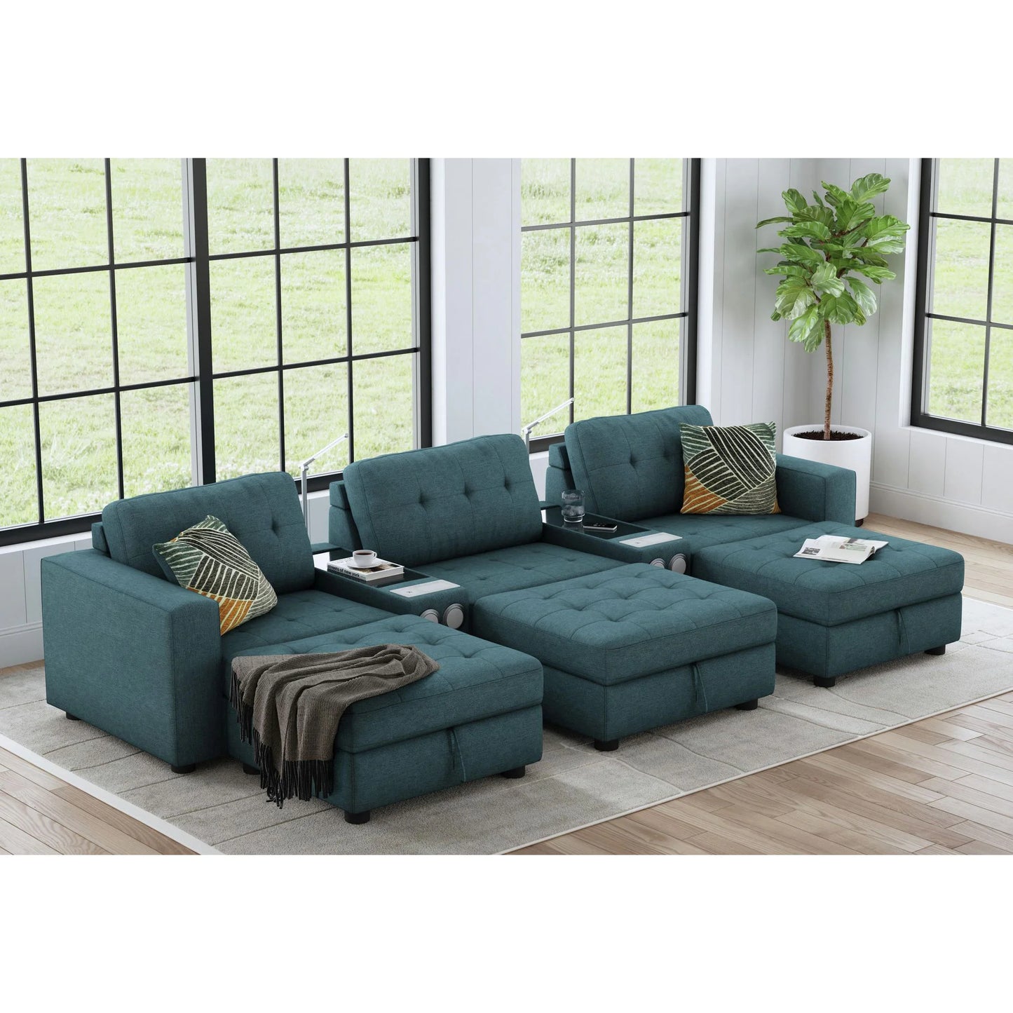 Options One - 8 Piece Living Room Set Sectional With Media Console And 3 Ottomans - Teal