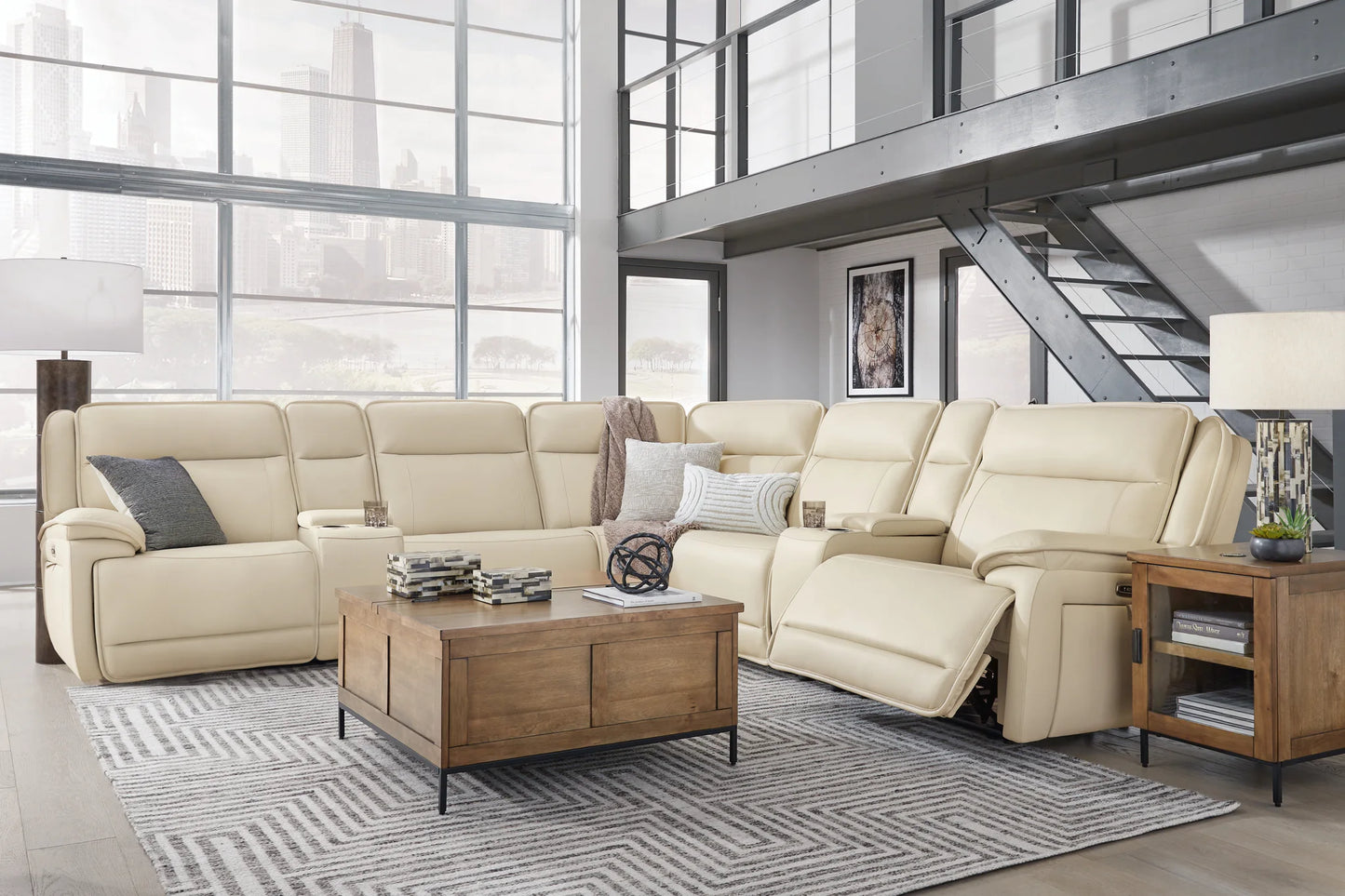 Double Deal - Almond - 7-Piece Power Reclining Sectional With 2 Consoles