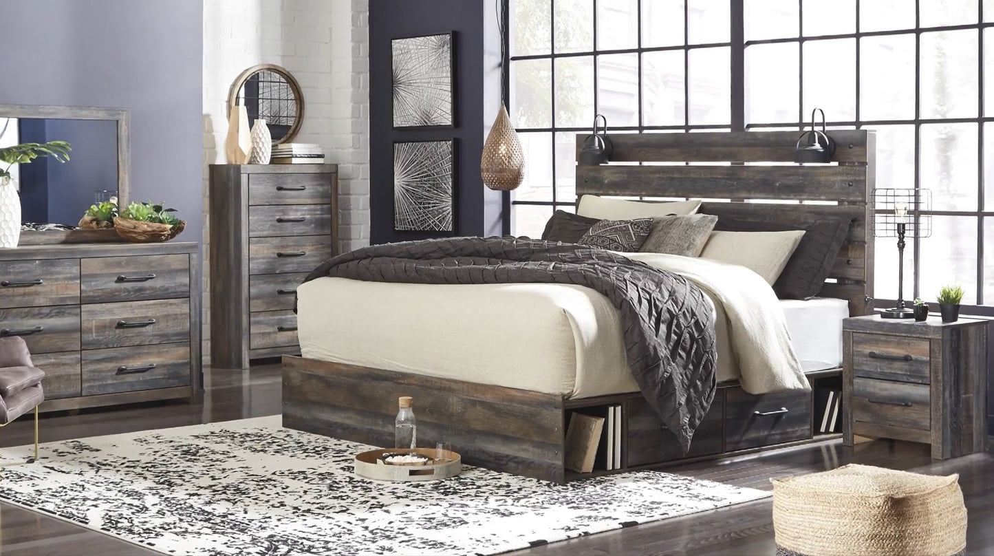 Drystan - Brown / Beige - Full Panel Bed With 4 Side Drawers