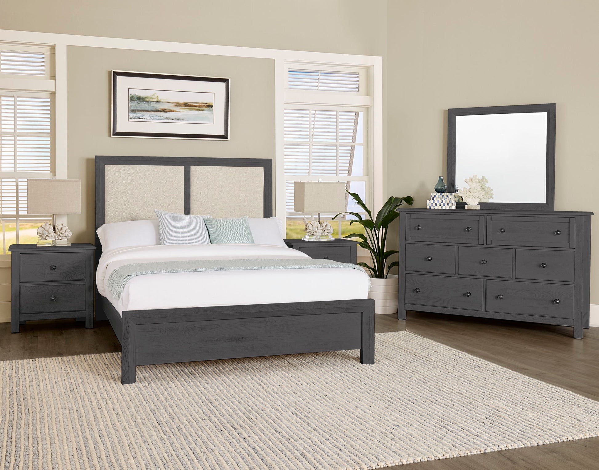 Custom Express - King Upholstered Wooden Bed - Pebble Grey / Graphite