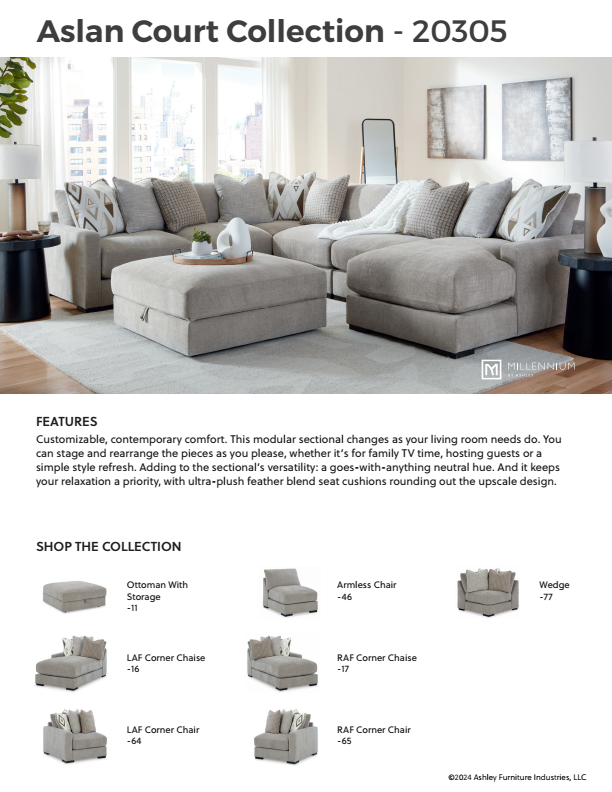 Aslan Court - Pebble - 3-Piece Sofa Sectional
