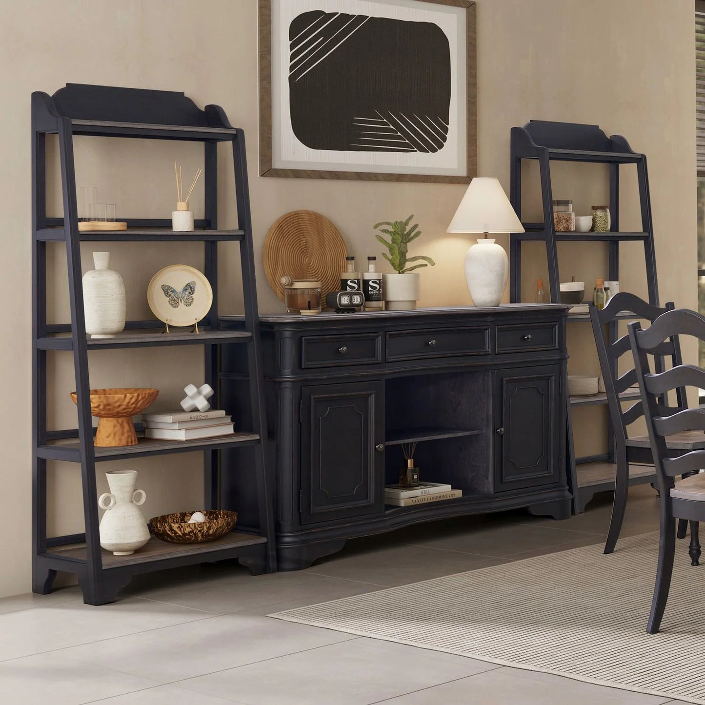 Magnolia Manor - 3 Piece Home Office Set (2 Leaning Pier Bookcase 1 Server) - Black