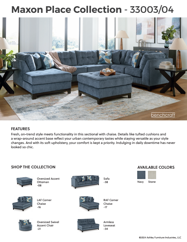 Maxon Place - Navy - 3-Piece Sectional With Raf Corner Chaise