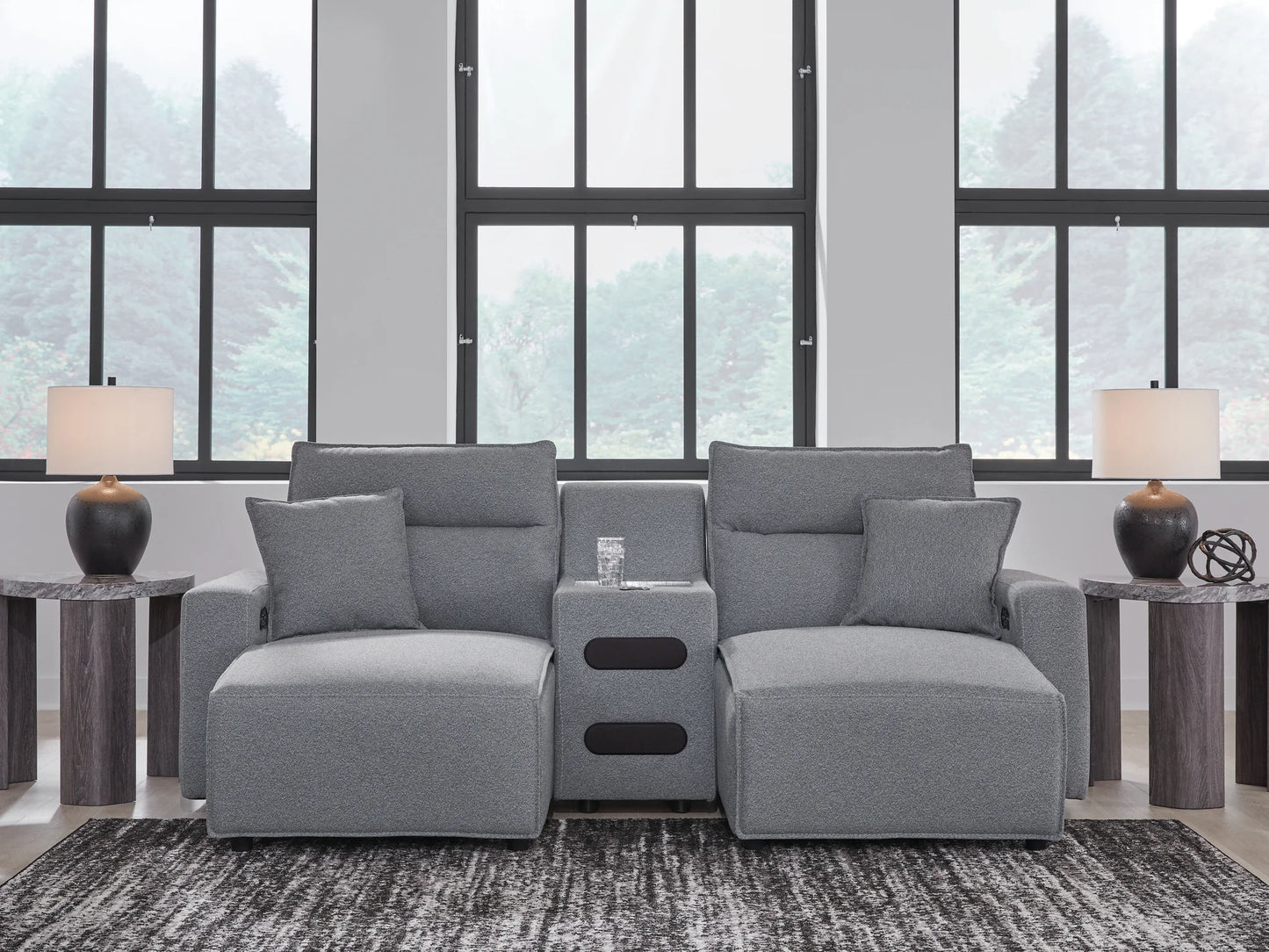 Modmax - Salt And Pepper - 3-Piece Power Reclining Sectional With Double Chaise And Audio Console