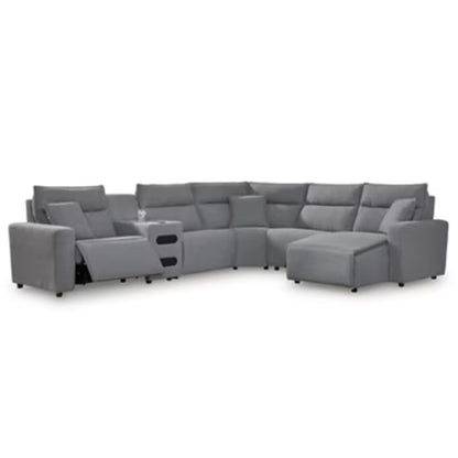 Modmax II - 6-Piece Power Reclining Sectional With RAF Press Back Power Chaise And Audio Console - Salt And Pepper