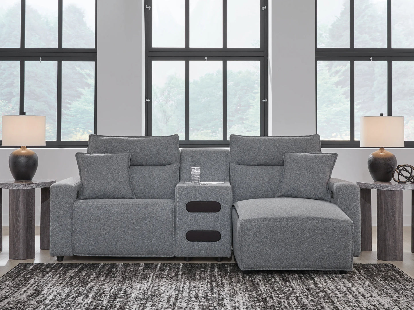 Modmax - Salt And Pepper - 3-Piece Power Reclining Sectional With RAF Chaise And Audio Console