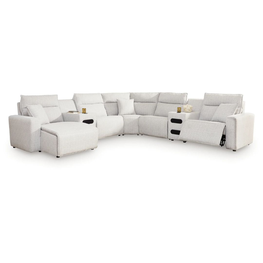 Modmax II - 7-Piece Power Reclining Sectional With LAF Press Back Power Chaise And Audio Consoles - Stone