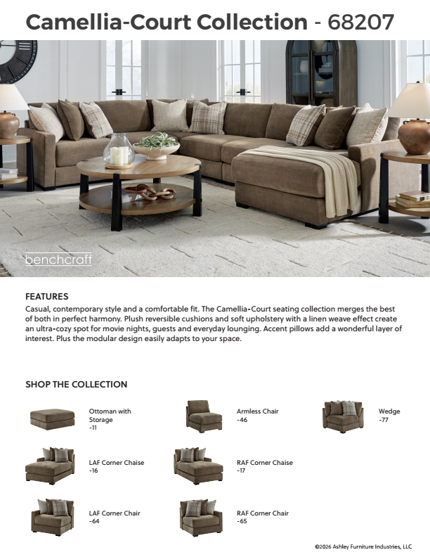 Camellia-Court - 6-Piece Sectional With RAF Corner Chaise - Coffee