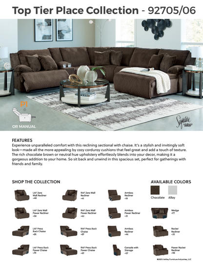 Top Tier - Chocolate - 3-Piece Reclining Sectional With Raf Press Back Chaise