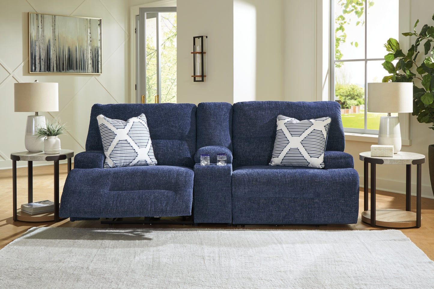 Acklen Place - 3-Piece Power Reclining Sectional Loveseat With Storage Console - Navy