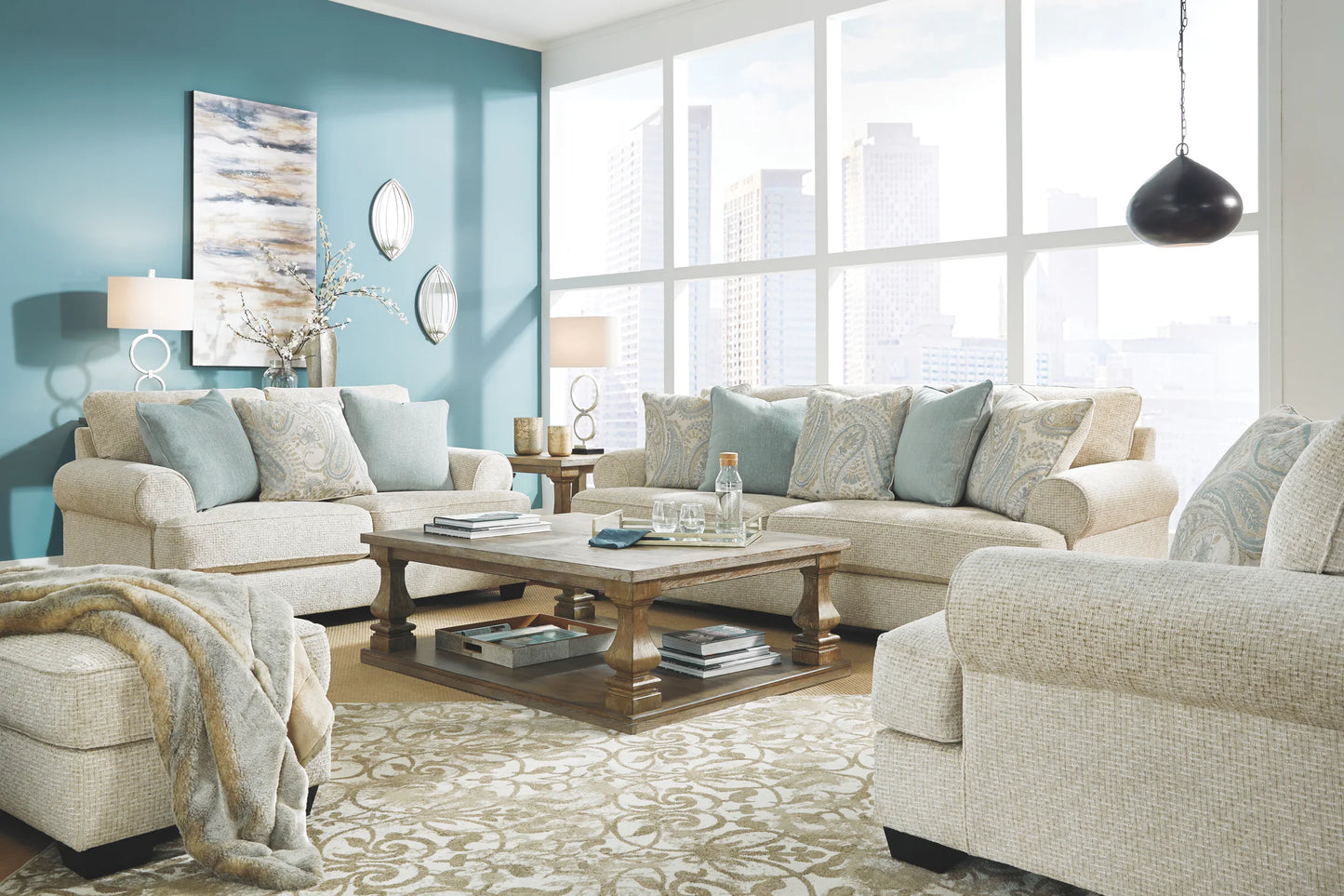 Monaghan - Sandstone - 4 Pc. - Sofa, Loveseat, Chair and a Half, Ottoman