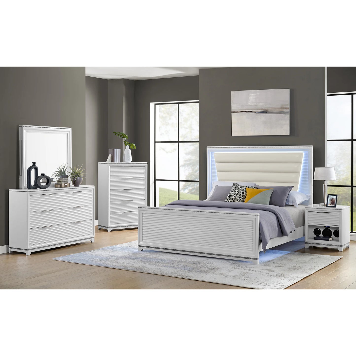 Denmark - Full Upholstered Bed With LED - White
