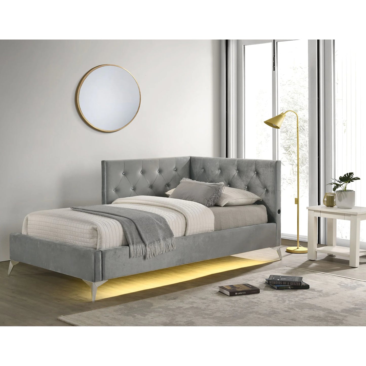 Amberley - Twin Upholstered Corner Bed With LED And USB - Gray