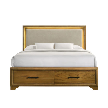 Harmony - King Upholstered Storage Bed With LED And Beige Fabric - Walnut