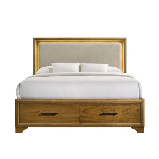 Harmony - King Upholstered Storage Bed With LED And Beige Fabric - Walnut