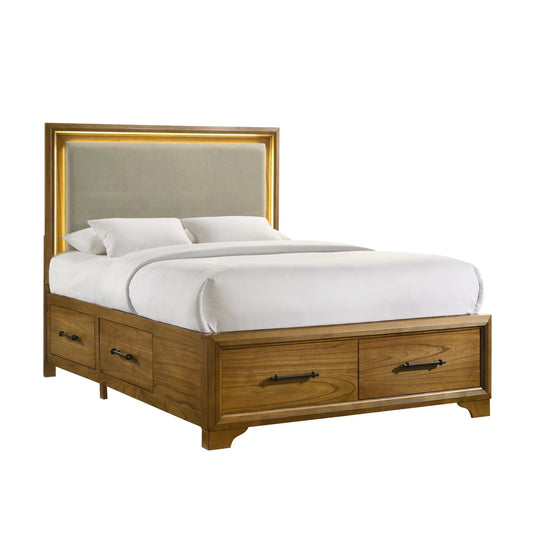 Harmony - Queen Upholstered Storage Bed With LED And Beige Fabric - Walnut