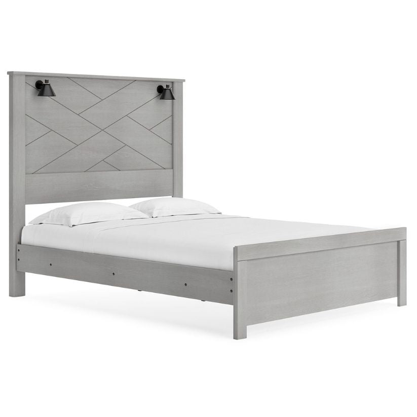 Cottonburg - Light Gray / White - Queen Panel Bed With Sconce Lights