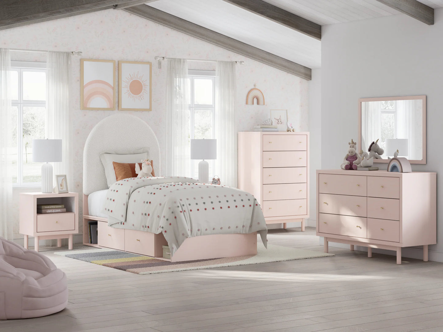 Wistenpine - Blush - Twin Upholstered Panel Bed With Side Storage-9