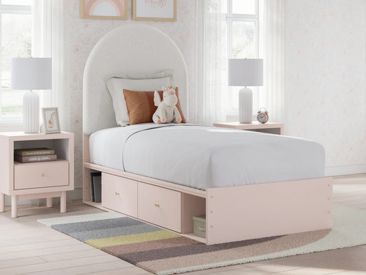 Wistenpine - Blush - Twin Upholstered Panel Bed With Side Storage