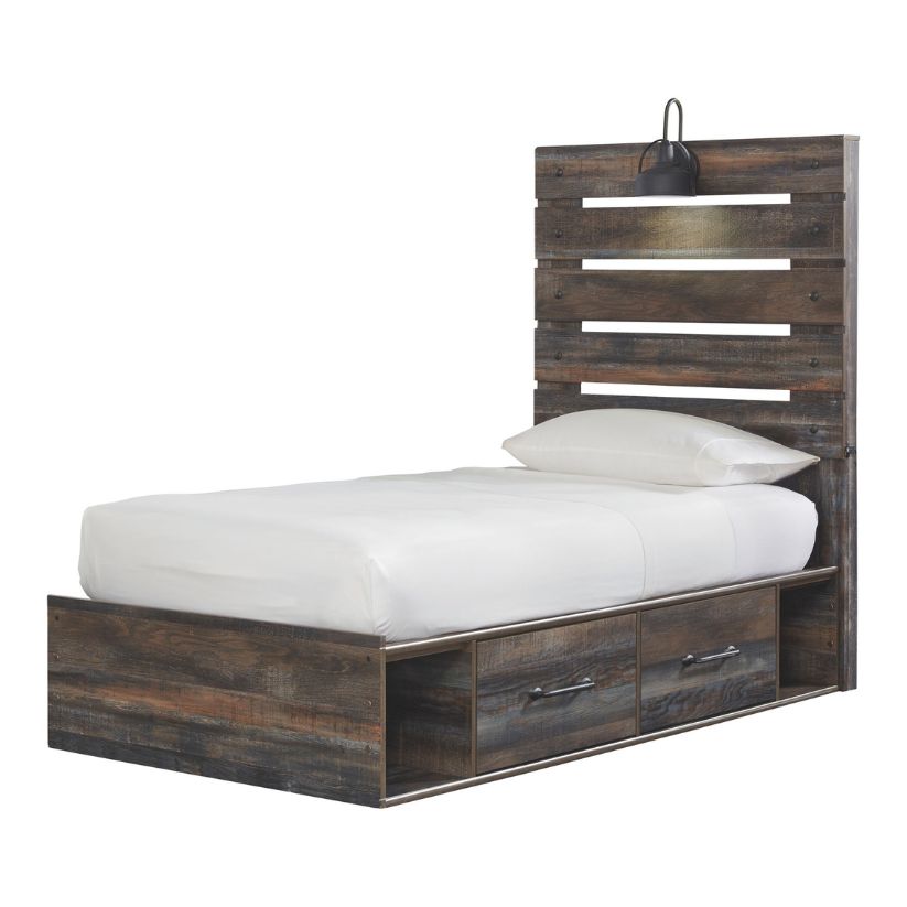 Drystan - Brown / Beige - Twin Panel Bed With 4 Side Drawers