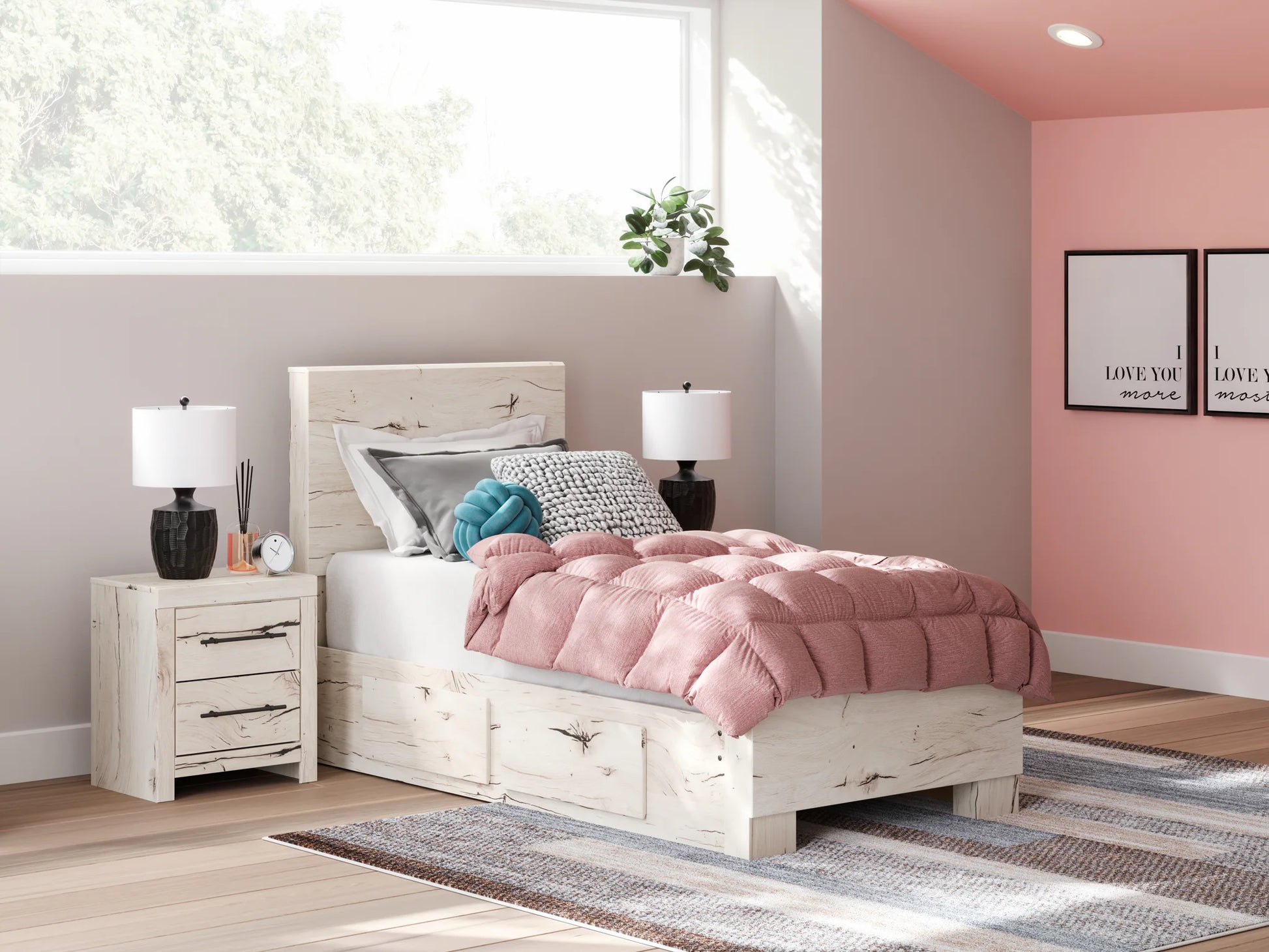 Lawroy - Light Natural - Twin Panel Bed With 2 Under Bed Storage Units