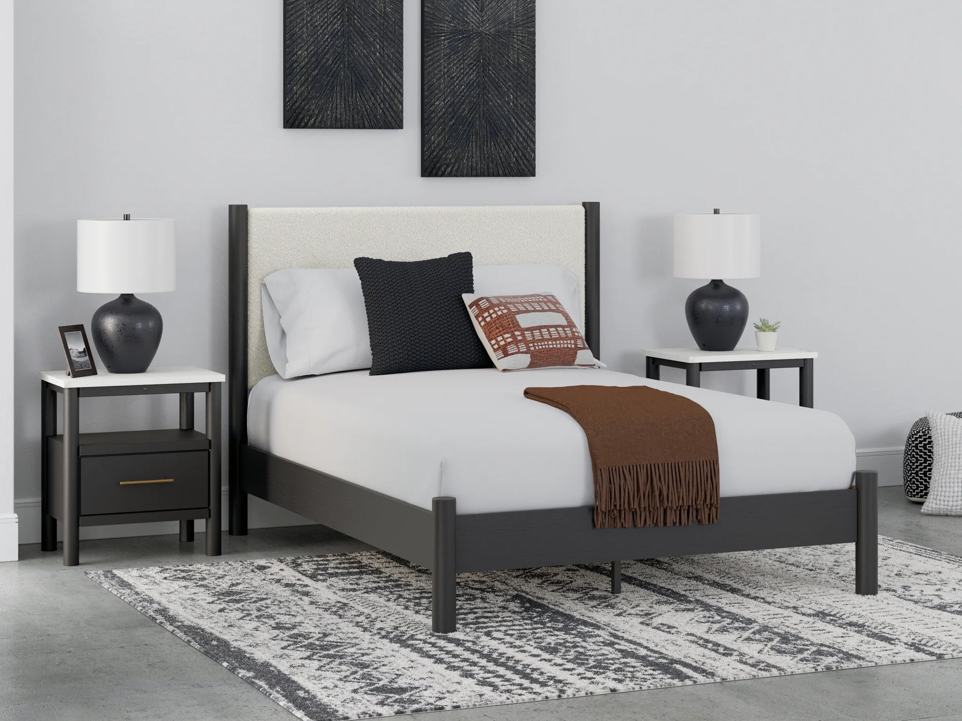 Cadmori - Black / White - Queen Upholstered Panel Bed