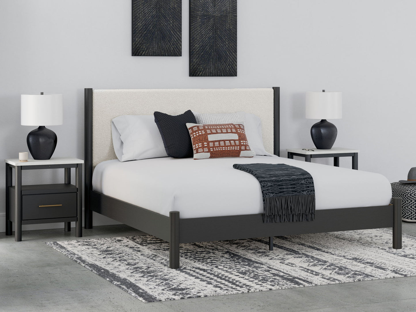 Cadmori - Black / White - King Upholstered Panel Bed