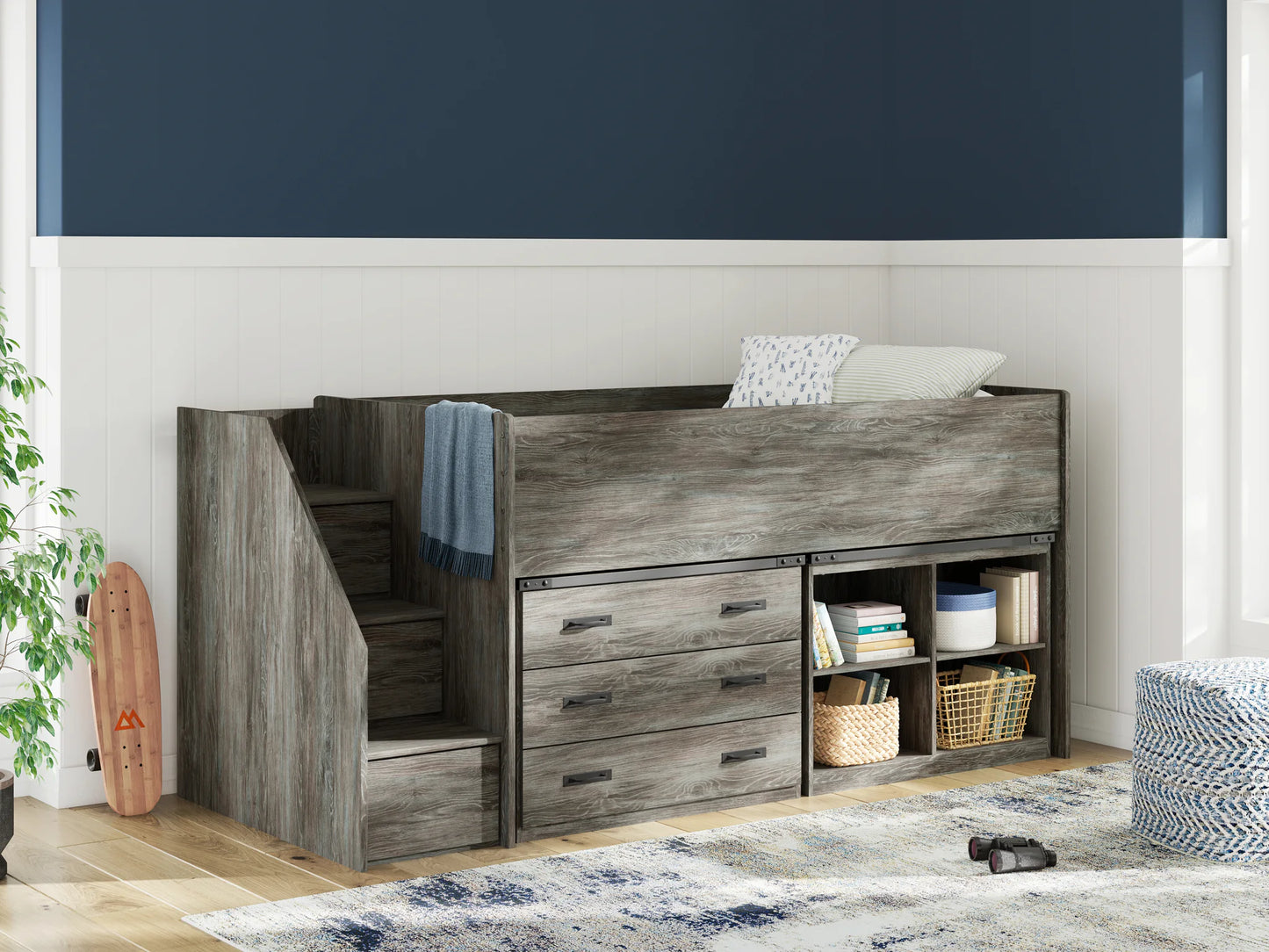Frandern - Gray - Twin Loft Bed With Bookcase And Drawer Storage