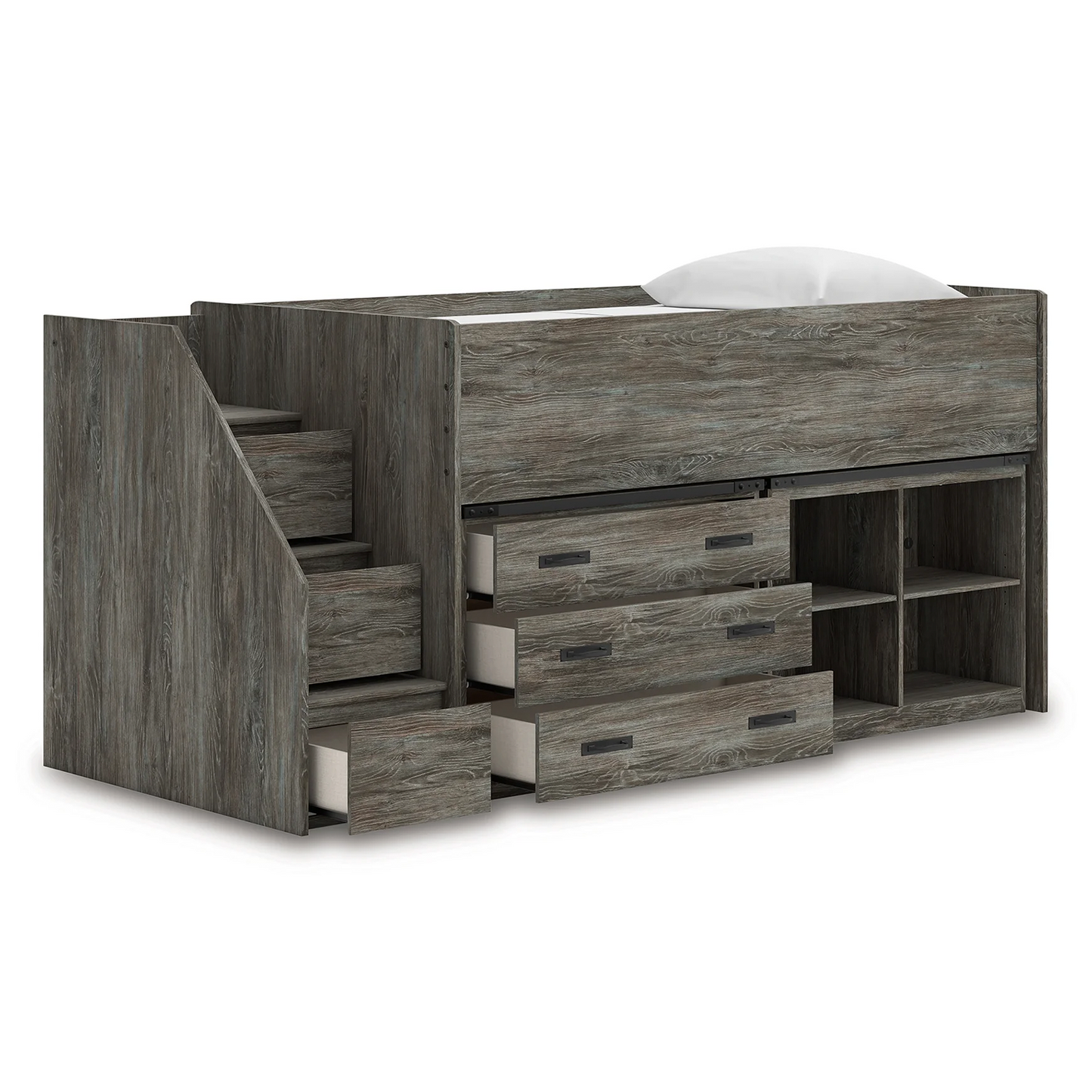 Frandern - Gray - Twin Loft Bed With Bookcase And Drawer Storage
