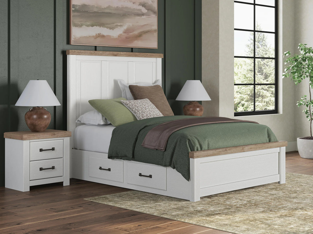 Savonport - Queen Panel Bed With Under Bed Storage Unit - White / Brown