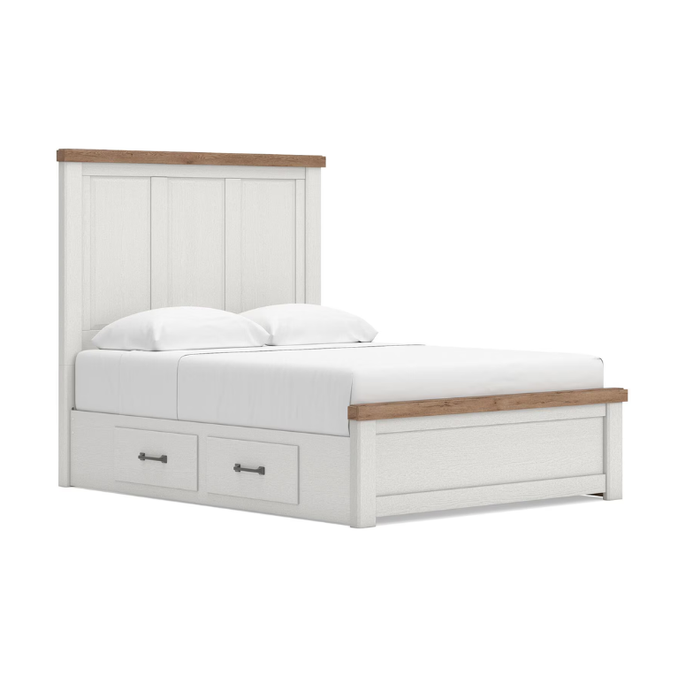Savonport - Queen Panel Bed With 2 Under Bed Storage Units - White / Brown