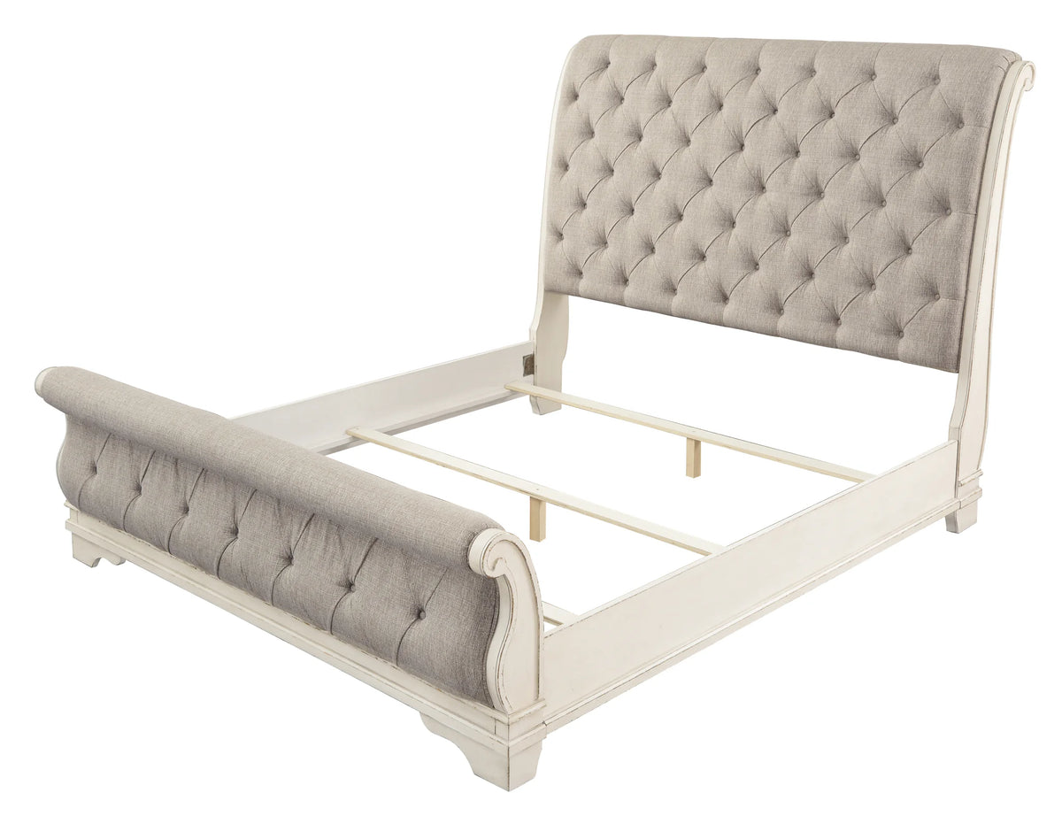 Realyn - California King Upholstered Sleigh Bed - Chipped White
