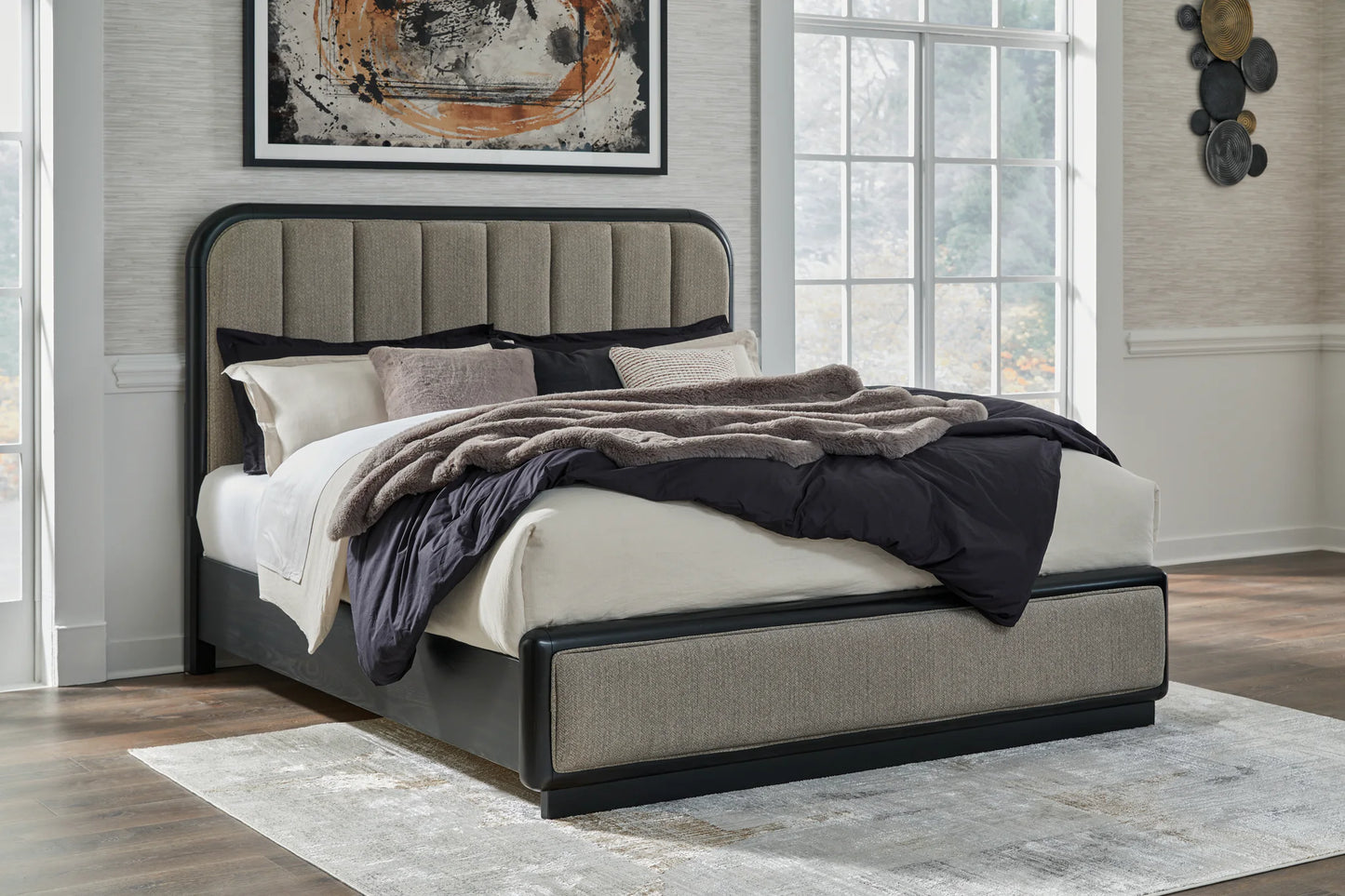 Rowanbeck - Gray / Black - California King Upholstered Panel Bed
