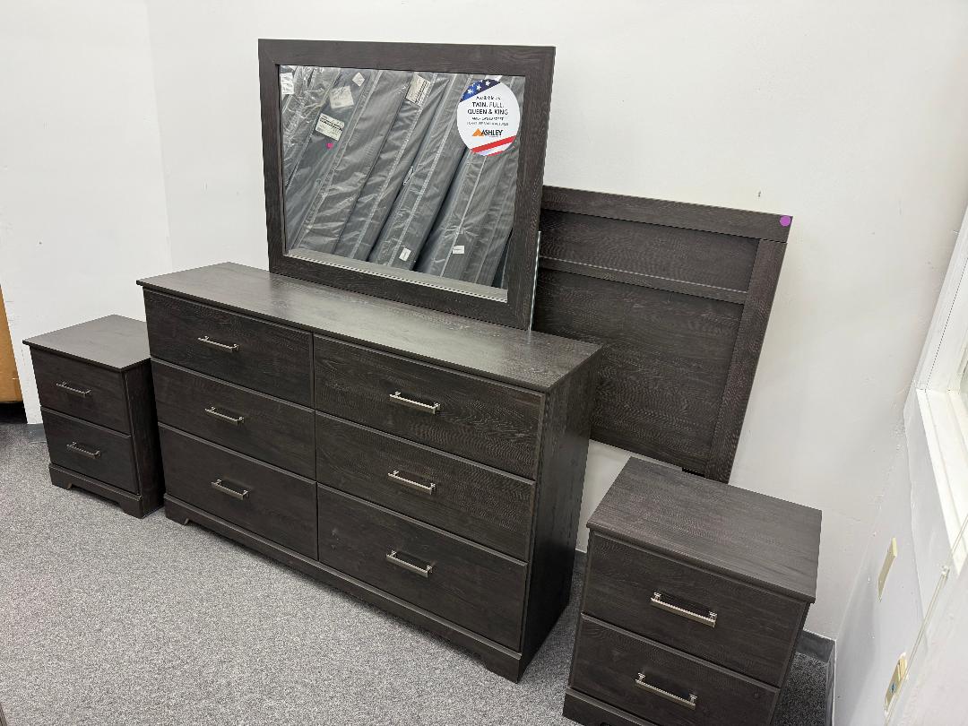 “Belachime” Dresser, Mirror, Twin Headboard and Two Nightstands