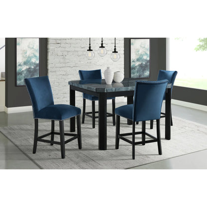Francesca - Square 5 Piece Counter Height Dining Set, Table & Four Velvet Chairs - Blue
