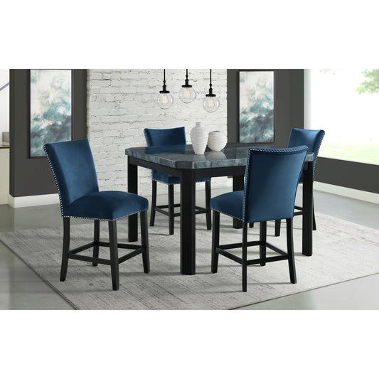 Francesca - Square 5 Piece Counter Height Dining Set, Table & Four Velvet Chairs - Blue