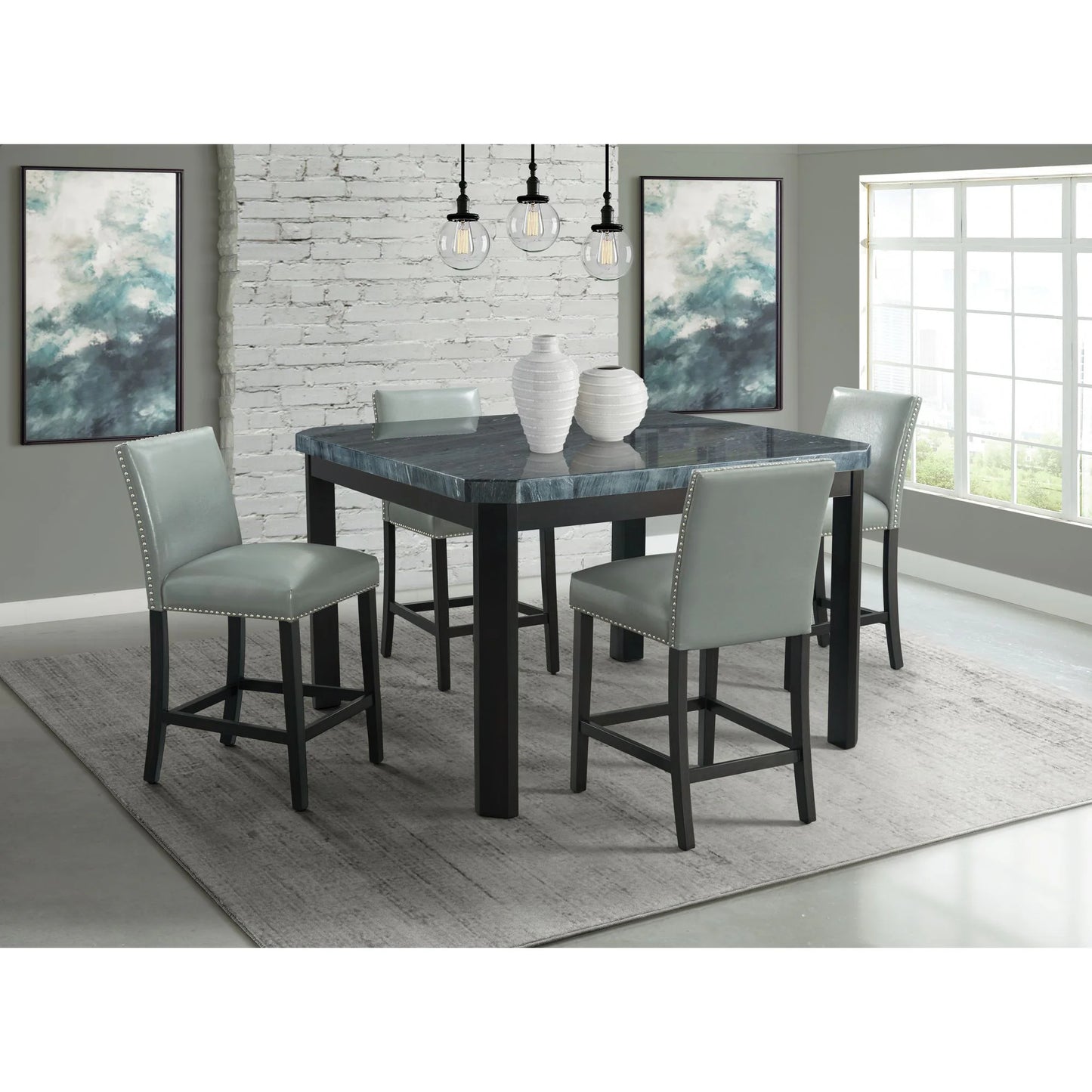 Francesca - Square 5 Piece Counter Height Dining Set, Table & Four PU Chairs - Gray / Marble