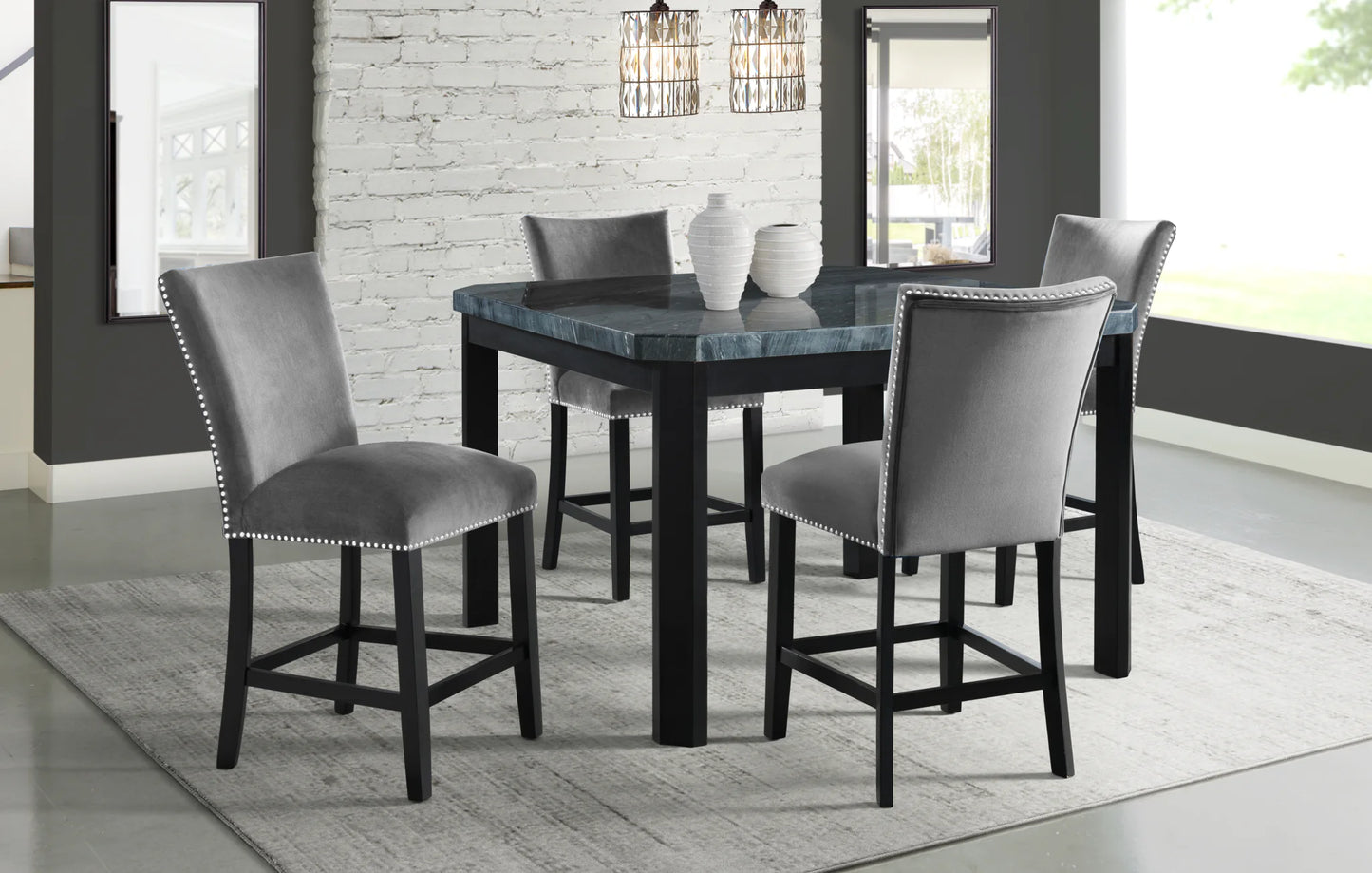 Francesca - Square 5 Piece Counter Height Dining Set, Table & Four Velvet Chairs - Gray / Marble