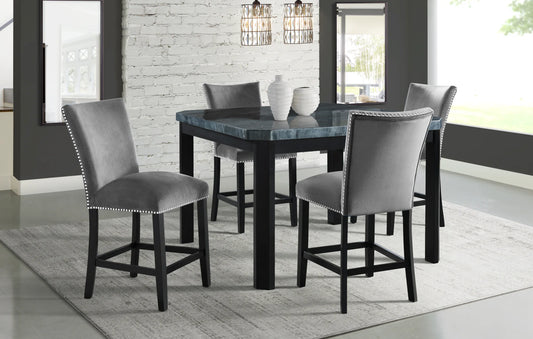 Francesca - Square 5 Piece Counter Height Dining Set, Table & Four Velvet Chairs - Gray / Marble