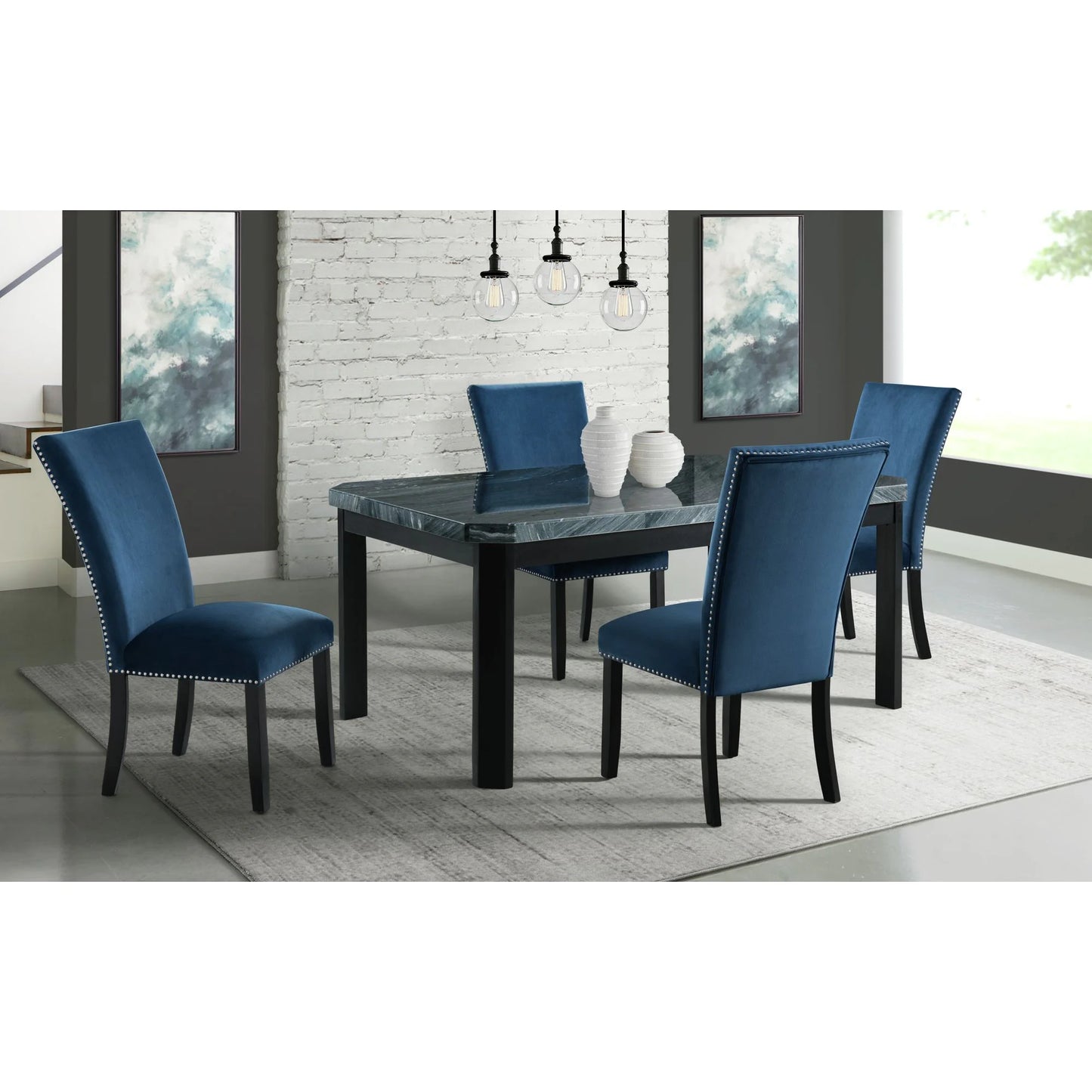 Francesca - Rectangular 5 Piece Chairs Dining Set, Table & Four Chairs - Blue